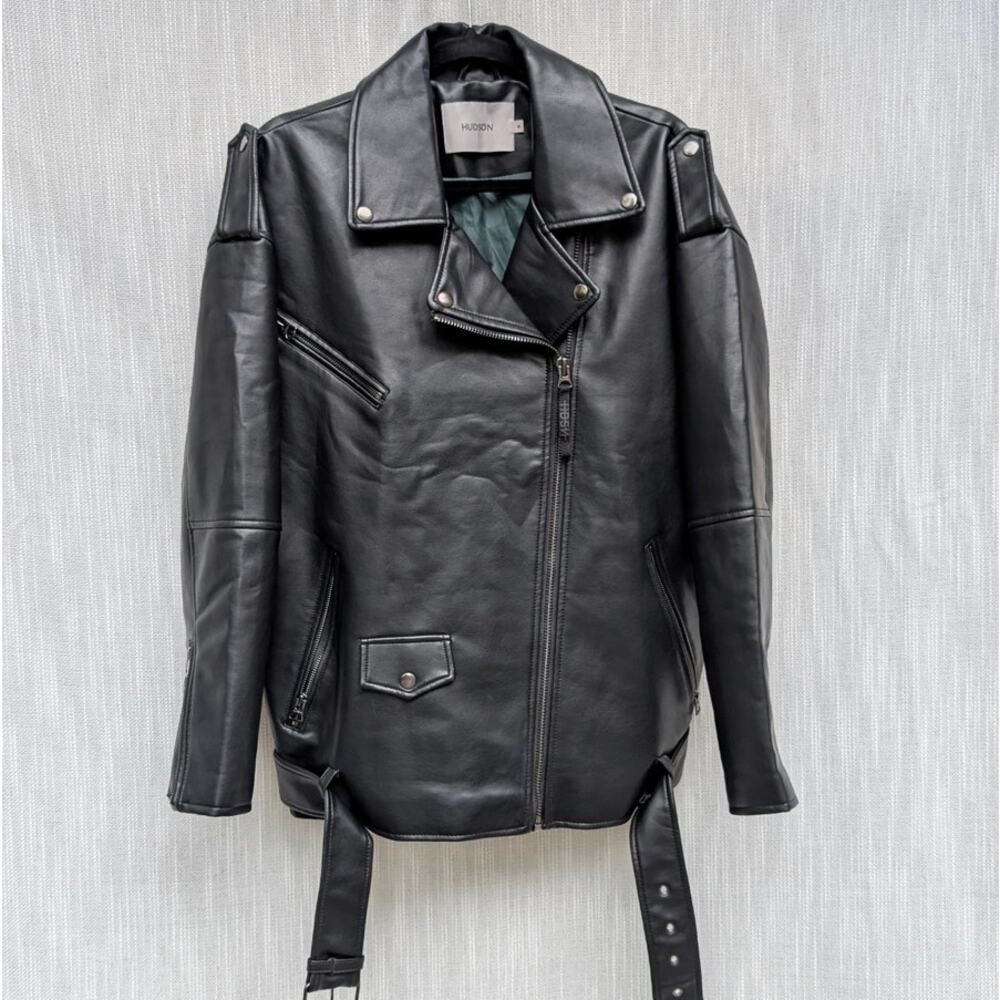 Hudson Jacket Womens M Black Oversized Vegan Leather Moto Biker Full Zip - Picture 3 of 10